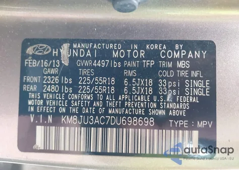 2013 Hyundai Tucson Limited from USA, damaged, VIN KM8JU3AC7DU698698